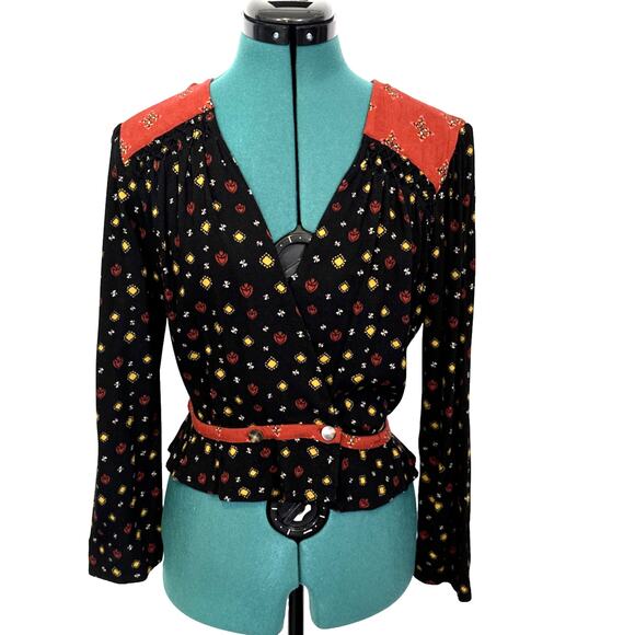Free People Long Sleeve Button Wrap Top Black Red Lotus Flower Size Small‎ - Picture 1 of 7